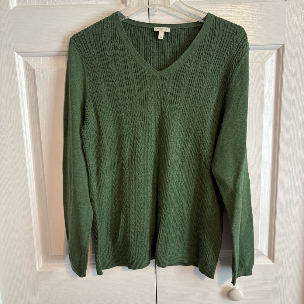 Talbots Forest Green Cable Knit V-Neck Sweater